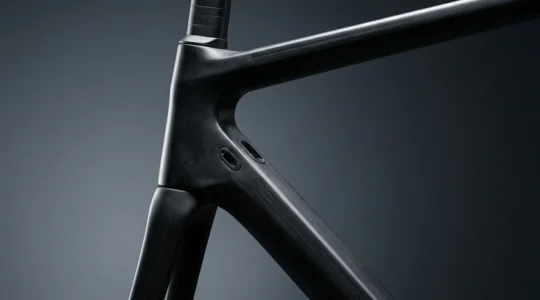 Nahaufnahme eines aerodynamischen Rennradrahmens mit Kammtail-Profil im Windstrom