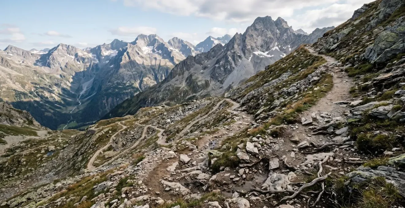 Steiler alpiner Singletrail mit Wurzeln und Steinen im Hochgebirge