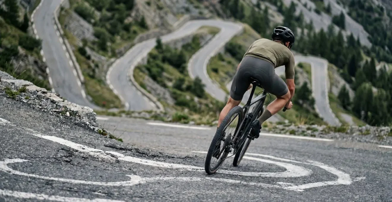Radfahrer in Serpentinenkurve eines Alpenpasses mit taktischer Linienwahl