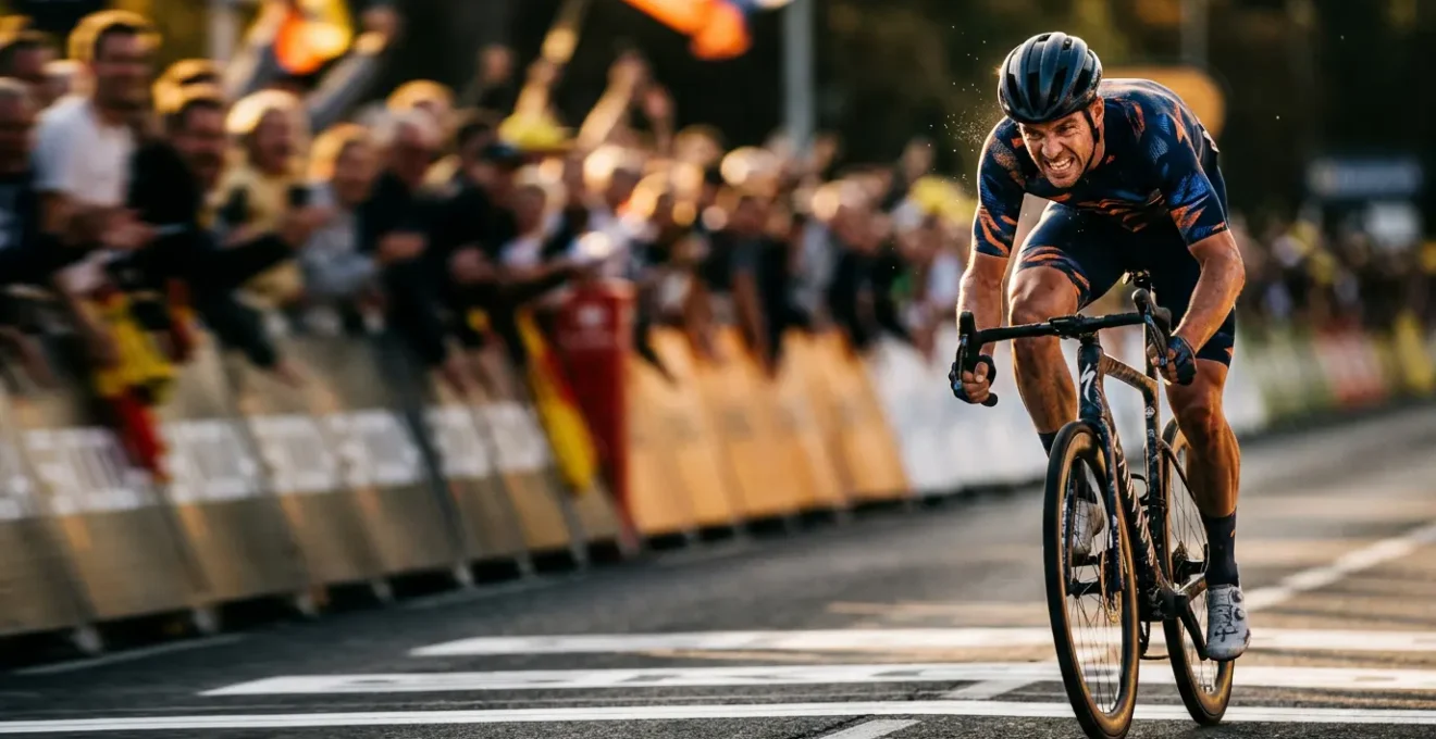 Dramatische Transformation eines Radsportlers vom Ausdauerfahrer zum explosiven Sprinter, Fokus auf Muskulatur und Körperhaltung