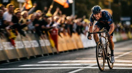 Dramatische Transformation eines Radsportlers vom Ausdauerfahrer zum explosiven Sprinter, Fokus auf Muskulatur und Körperhaltung