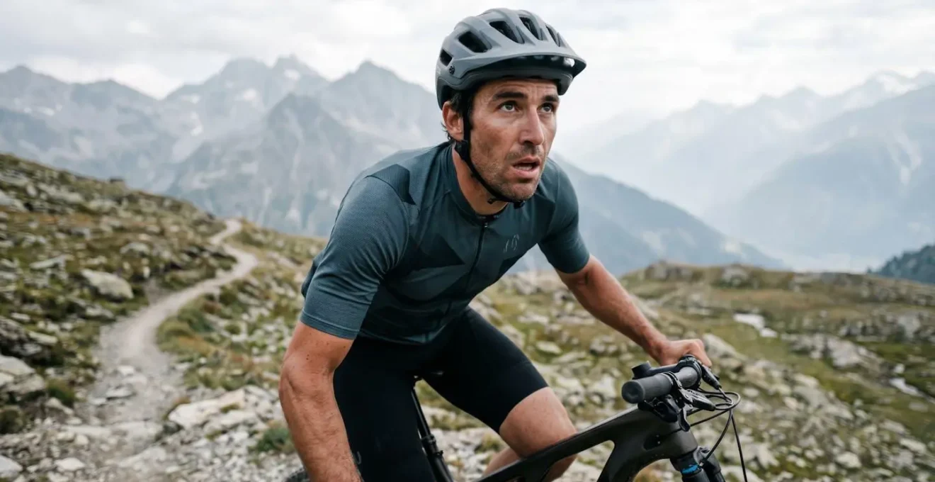 Mountainbiker in grosser Höhe zeigt Anzeichen von Anstrengung durch Sauerstoffmangel