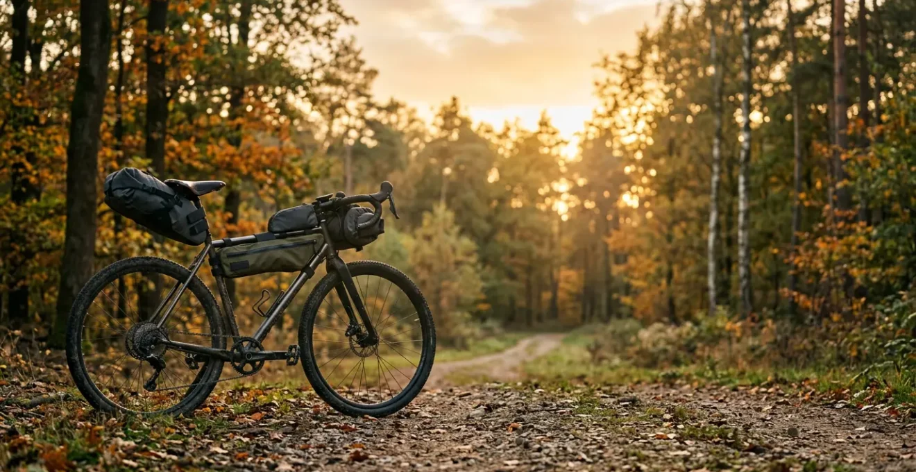 Bikepacking-Ausrüstung minimalistisch organisiert für eine Overnighter-Tour