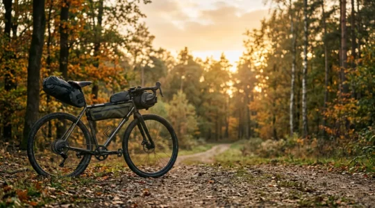 Bikepacking-Ausrüstung minimalistisch organisiert für eine Overnighter-Tour