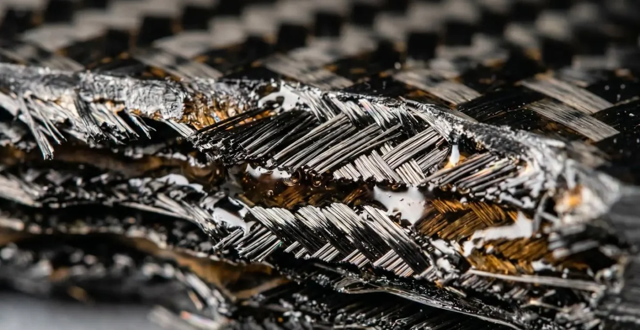 Mikroskopische Nahaufnahme der Carbonfaser-Ausrichtung in einem Fahrradrahmen