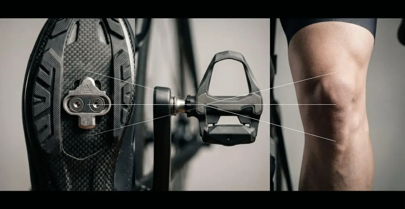 Seitenansicht der biomechanisch korrekten Cleat-Positionierung am Radschuh mit Fokus auf die Knieachse und Pedalstellung