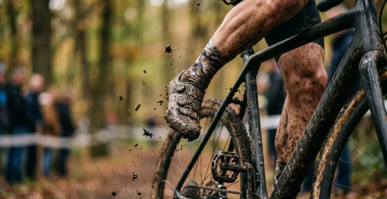 Nahaufnahme der Beinposition beim Cyclocross-Abstieg in voller Fahrt