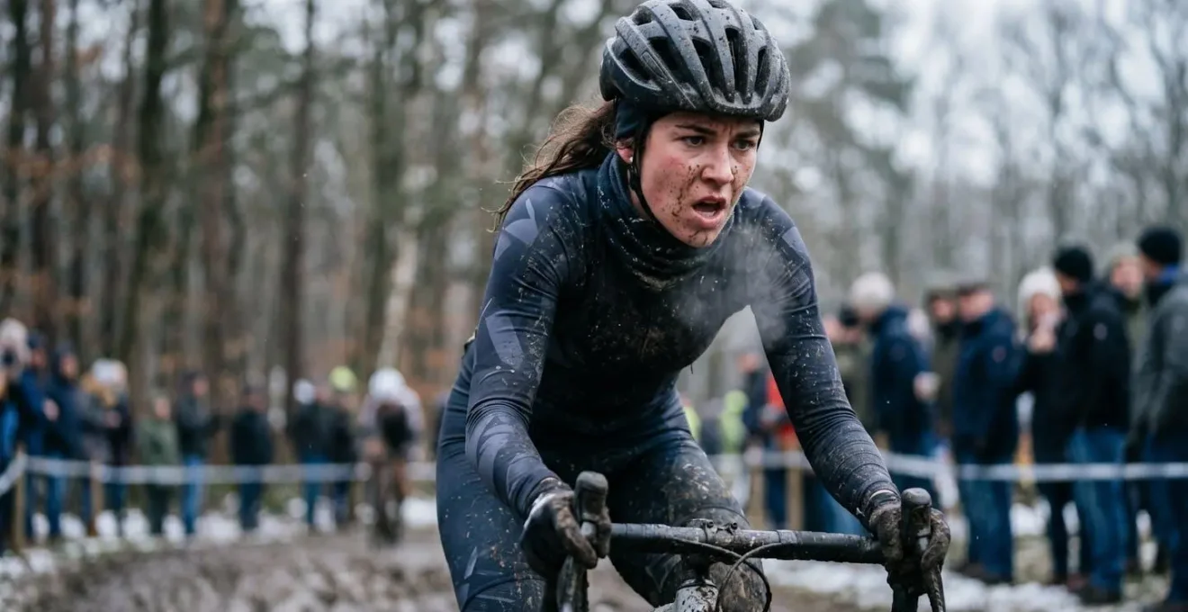 Cyclocross-Fahrer bei maximaler Anstrengung im Winterrennen mit sichtbarer Atemluft