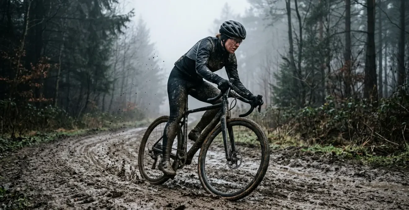 Cyclocross-Fahrer in dynamischer Kurvenfahrt durch Matsch im Wintertraining
