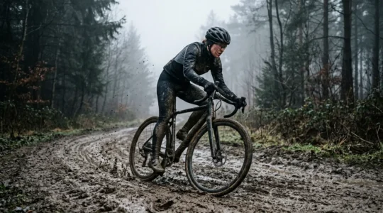 Cyclocross-Fahrer in dynamischer Kurvenfahrt durch Matsch im Wintertraining