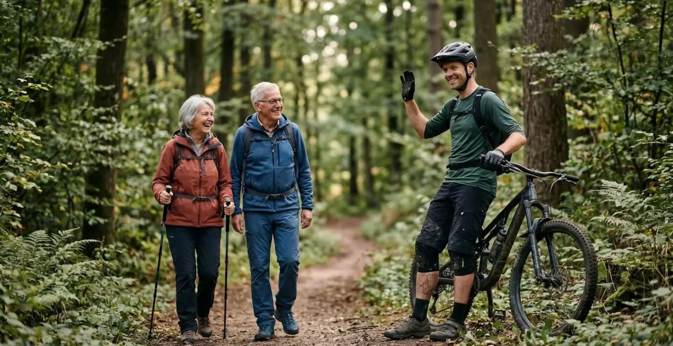 Mountainbiker bremst rechtzeitig ab und grüsst freundlich vorbeigehende Wanderer auf einem schmalen Waldpfad
