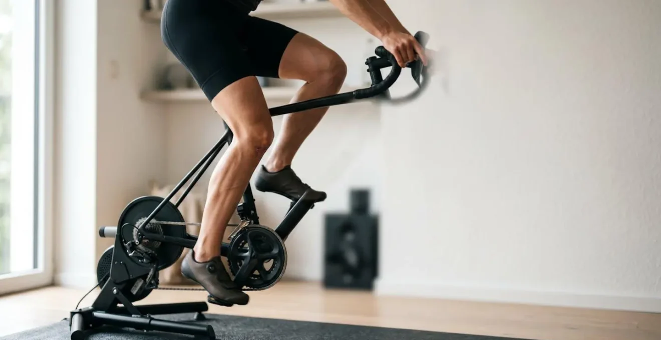 Seitenansicht eines Radfahrers auf Indoor-Trainer mit Fokus auf Kniegelenk und Pedalstellung zur Analyse der optimalen Sattelhöhe