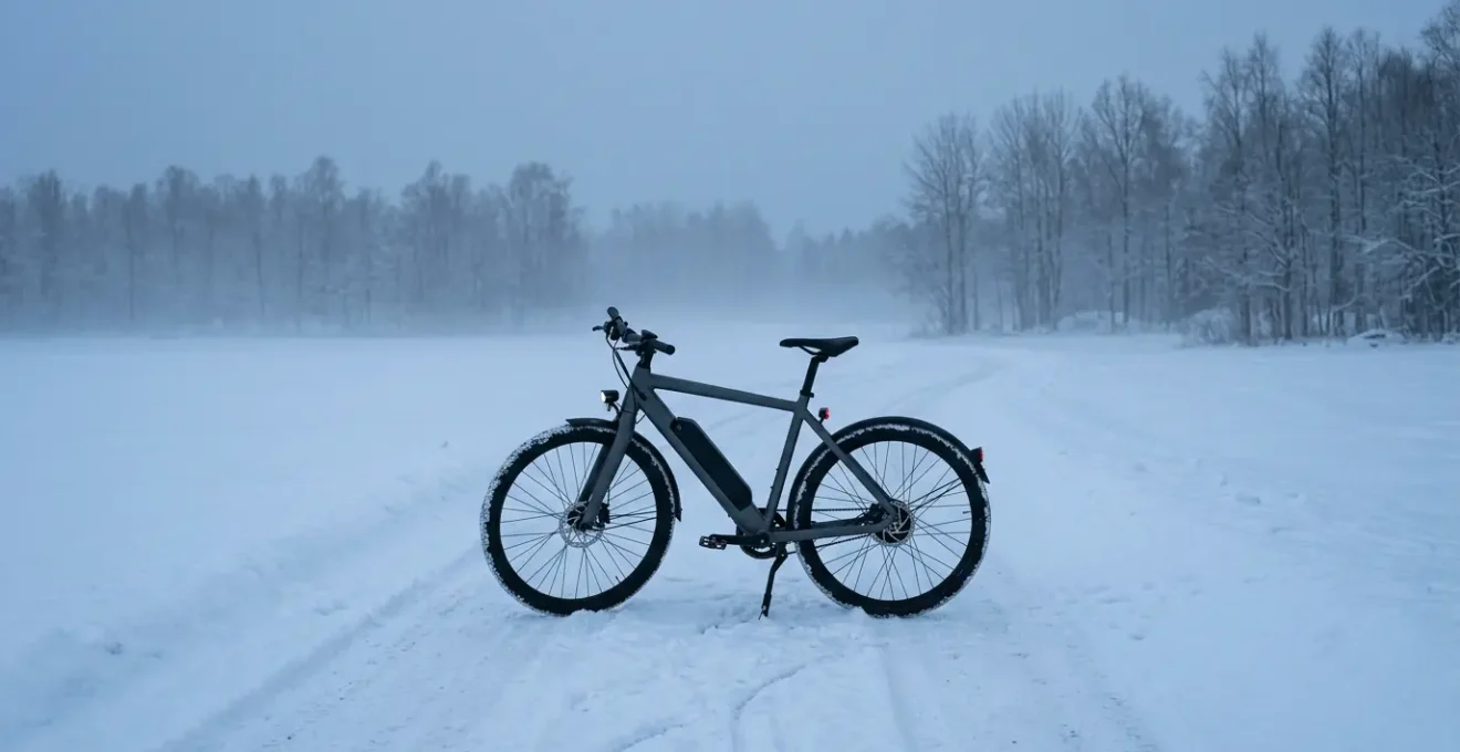 E-Bike mit Akku auf verschneitem Winterweg bei kalten Temperaturen