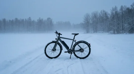 E-Bike mit Akku auf verschneitem Winterweg bei kalten Temperaturen