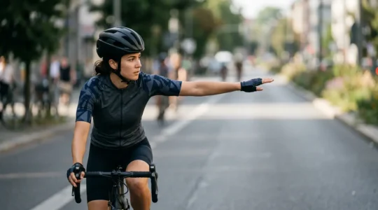 Radfahrer gibt mit ausgestrecktem Arm ein Handzeichen beim sicheren einhändigen Fahren im Straßenverkehr