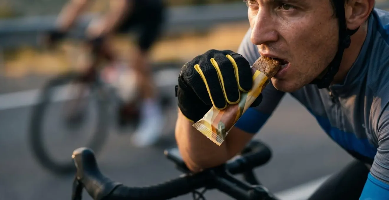 Hand eines Radfahrers die einen Energieriegel während der Fahrt zum Mund führt mit Bewegungsunschärfe