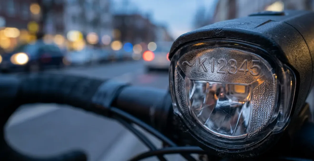 Nahaufnahme eines Fahrradscheinwerfers mit K-Nummer-Prüfzeichen bei Dämmerung
