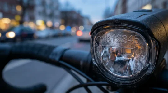 Nahaufnahme eines Fahrradscheinwerfers mit K-Nummer-Prüfzeichen bei Dämmerung