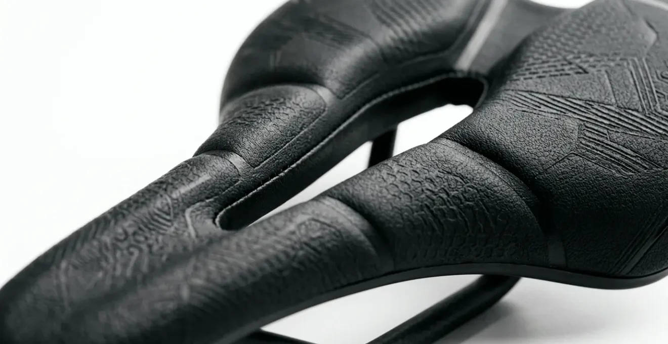 Nahaufnahme eines ergonomischen Fahrradsattels mit anatomisch geformter Oberfläche und Druckentlastungszone