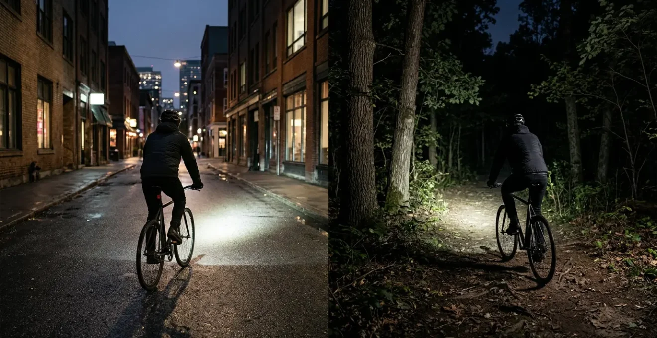 Fahrradscheinwerfer bei verschiedenen Lichtverhältnissen im urbanen und natürlichen Umfeld