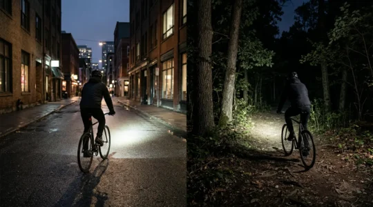 Fahrradscheinwerfer bei verschiedenen Lichtverhältnissen im urbanen und natürlichen Umfeld