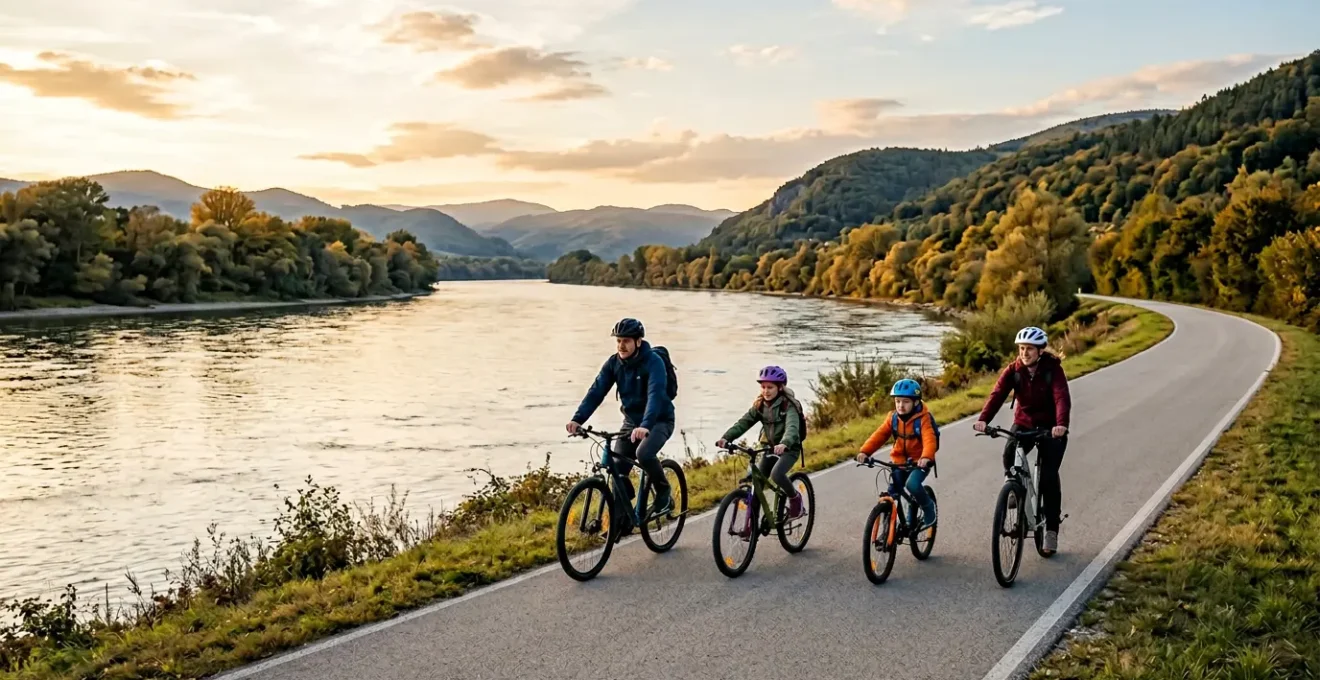 Familie radelt entspannt auf autofreiem Radweg entlang eines europäischen Flusses bei Sonnenschein