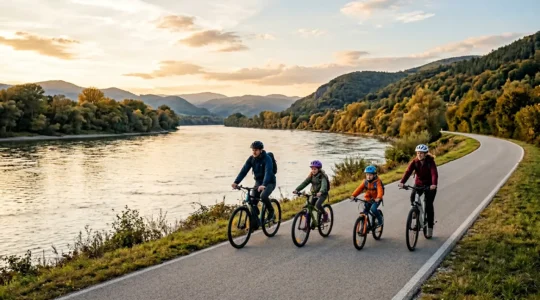 Familie radelt entspannt auf autofreiem Radweg entlang eines europäischen Flusses bei Sonnenschein