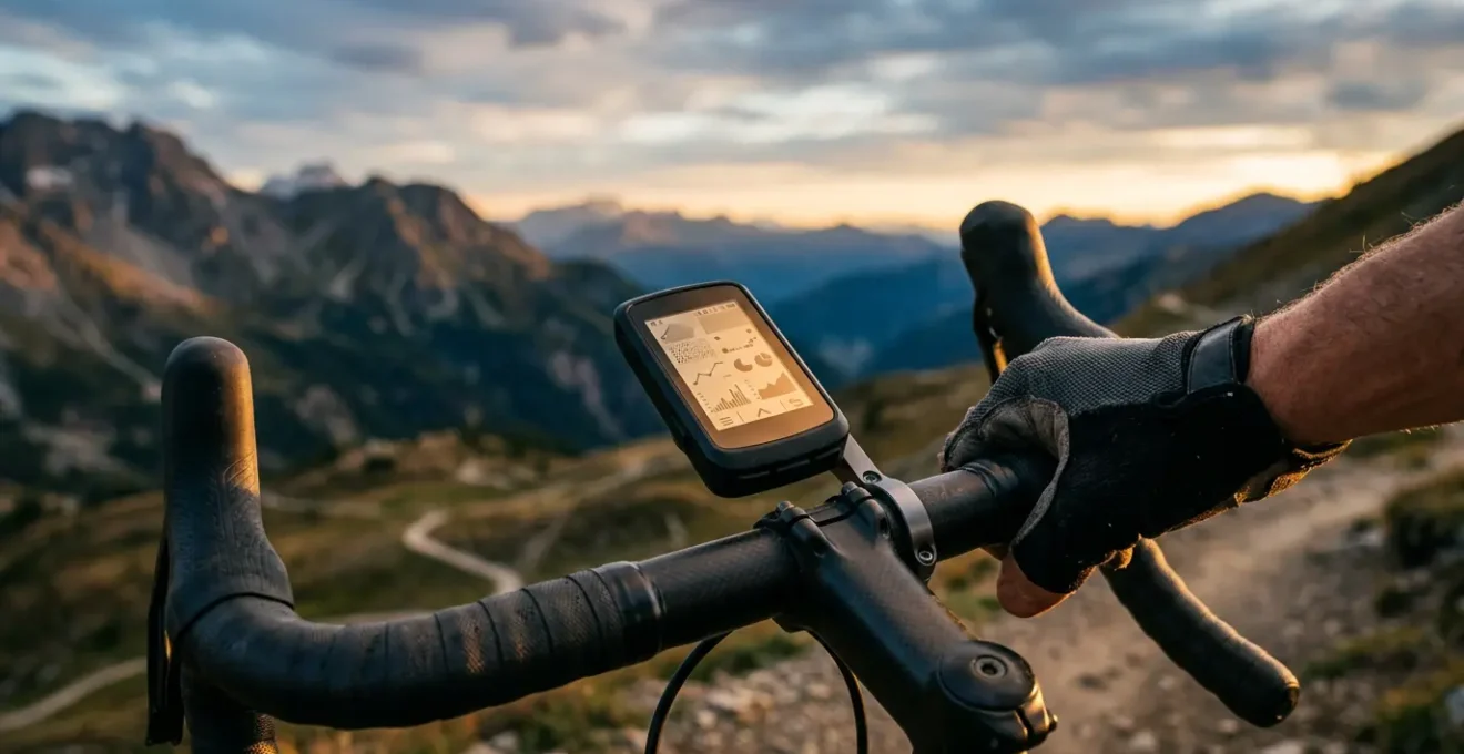 Professioneller Radcomputer am Fahrradlenker mit langer Akkulaufzeit bei Sonnenlicht