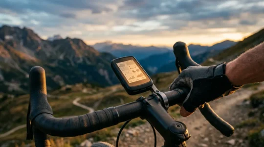 Professioneller Radcomputer am Fahrradlenker mit langer Akkulaufzeit bei Sonnenlicht