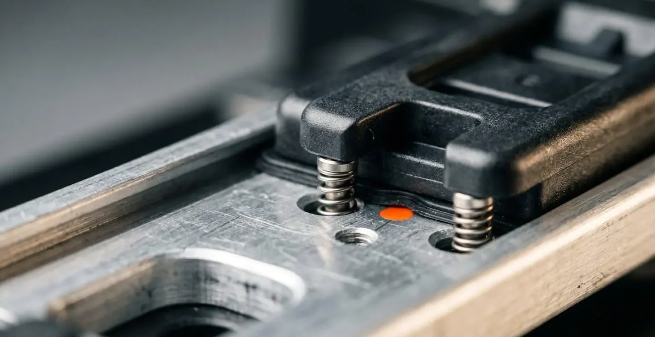 Detailaufnahme eines werkzeuglosen Klick-Befestigungssystems für Fahrradtaschen am Gepäckträger