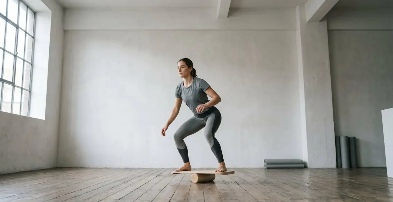 Weitwinkelaufnahme eines Trainings auf Balance-Board zur Vorbereitung auf Spitzkehren-Technik