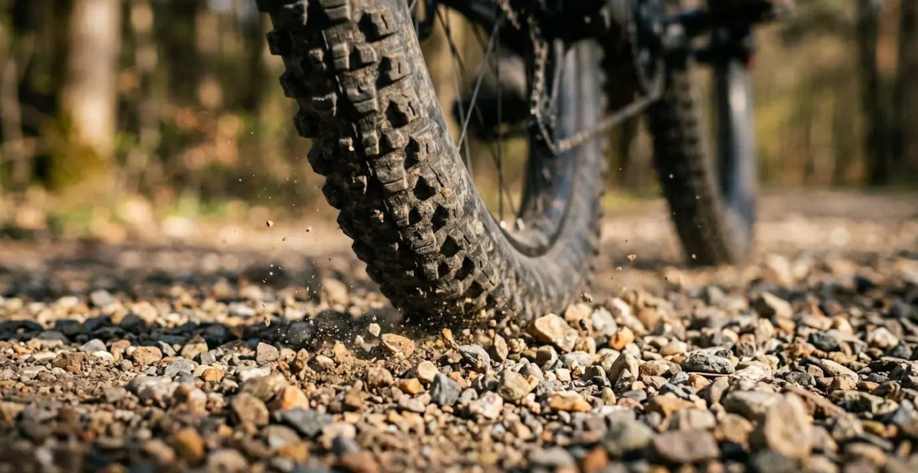 Detailaufnahme eines Mountainbike-Hinterrads auf losem Untergrund zeigt Reifenprofil und Bodenkontakt bei gleichmässiger Kraftübertragung