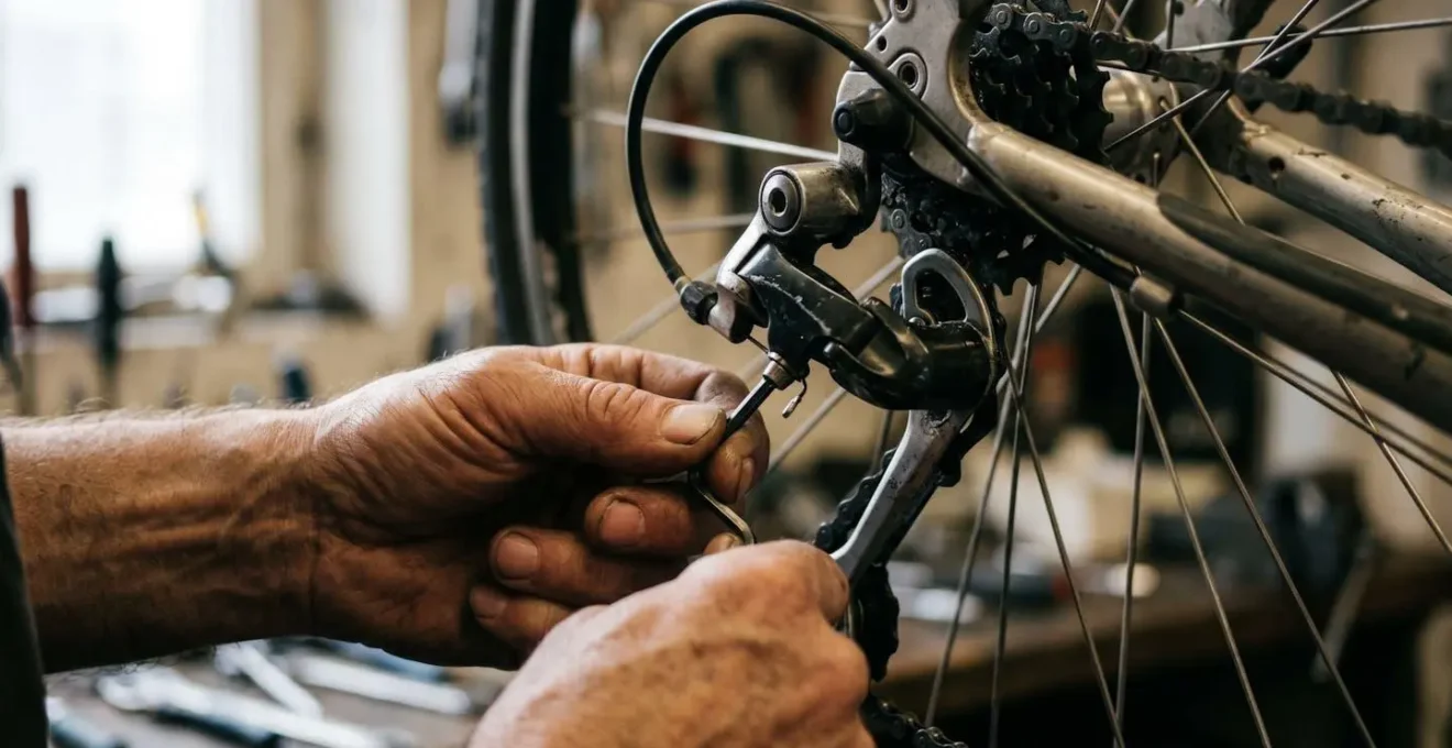Nahaufnahme von Händen eines Mechanikers beim präzisen Einstellen eines Fahrradsschaltwerks