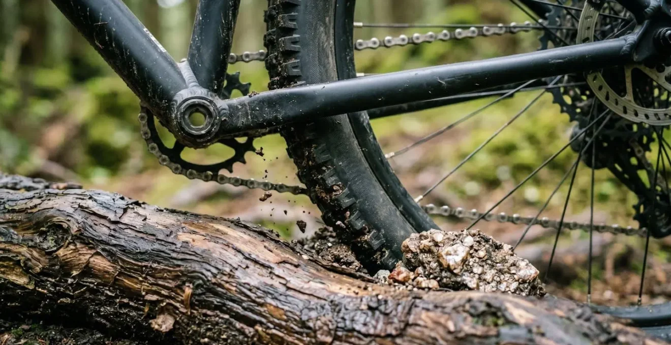 Nahaufnahme eines Hardtail-Hinterrads auf wurzeligem Trail mit sichtbarer direkter Kraftübertragung