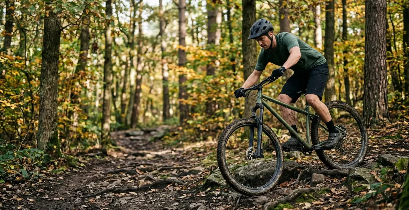 Mountainbiker auf einem Hardtail-Bike auf einem technischen Trail im Wald