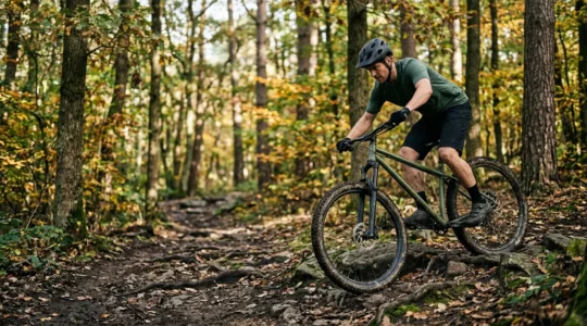 Mountainbiker auf einem Hardtail-Bike auf einem technischen Trail im Wald