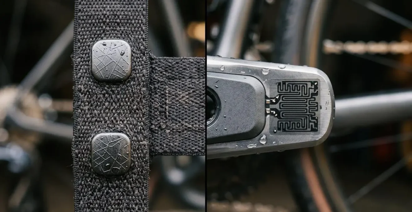 Detailaufnahme eines Herzfrequenz-Brustgurts und Powermeter-Sensors am Rennrad