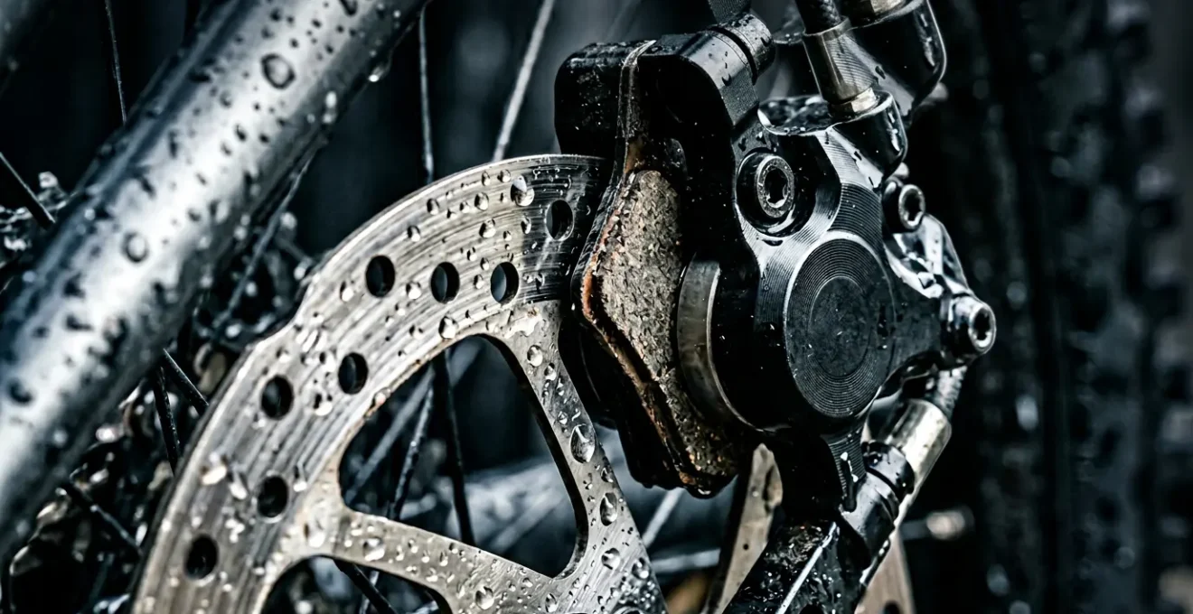 Hydraulische Scheibenbremse an einem Fahrrad im Detail bei regnerischen Bedingungen