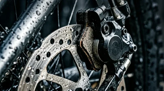Hydraulische Scheibenbremse an einem Fahrrad im Detail bei regnerischen Bedingungen