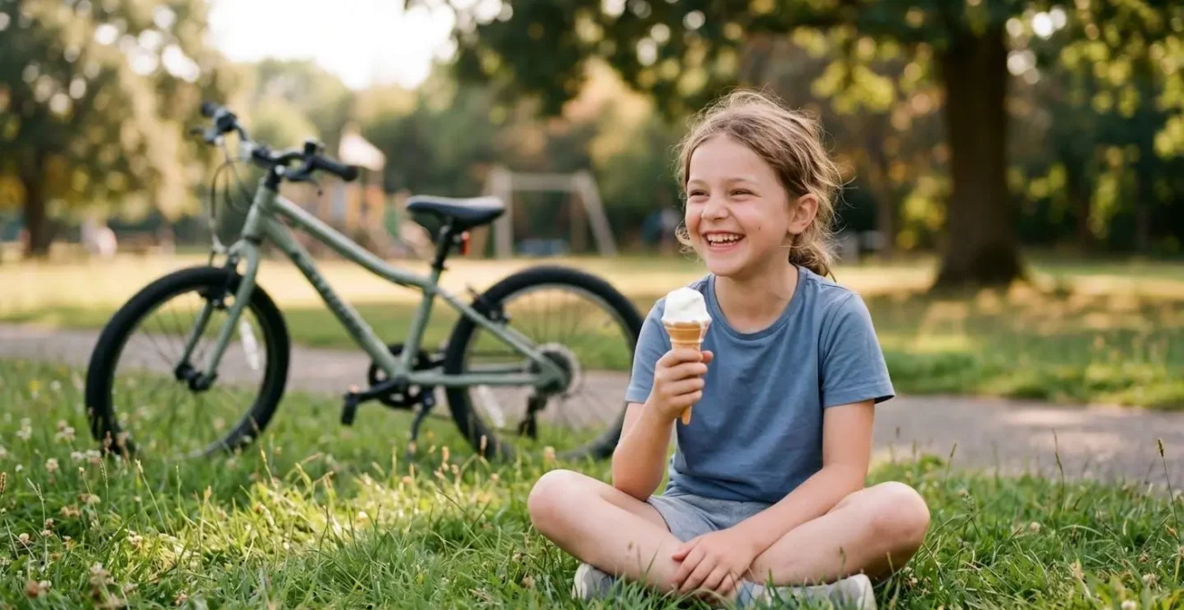Kind macht entspannte Pause auf einem Spielplatz während einer Familienradtour