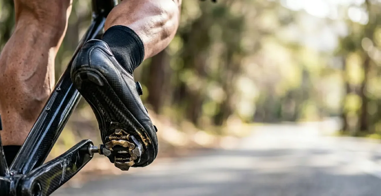 Nahaufnahme der Pedalumdrehung eines Radsportlers beim Durchfahren des kritischen unteren Totpunkts mit sichtbarer Kraftübertragung