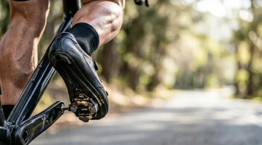 Nahaufnahme der Pedalumdrehung eines Radsportlers beim Durchfahren des kritischen unteren Totpunkts mit sichtbarer Kraftübertragung