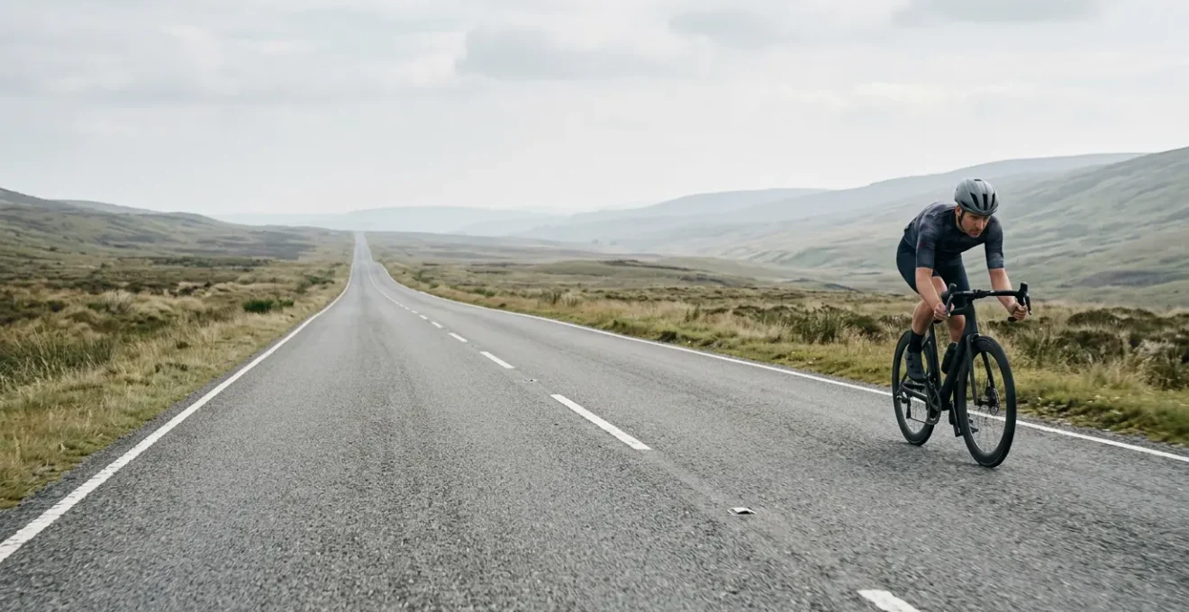 Radsportler auf langer ruhiger Strecke in niedriger Trainingsintensität für aerobe Grundlagenausdauer