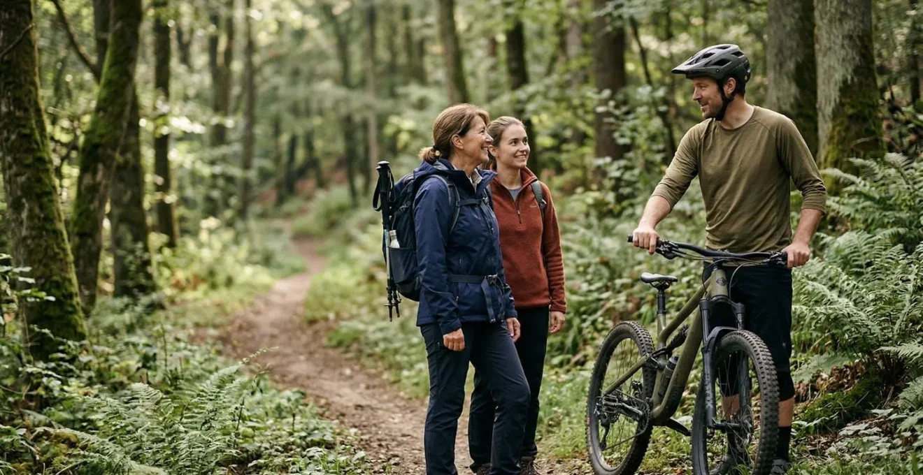 Mountainbiker und Wanderer teilen sich friedlich einen Waldweg in Deutschland