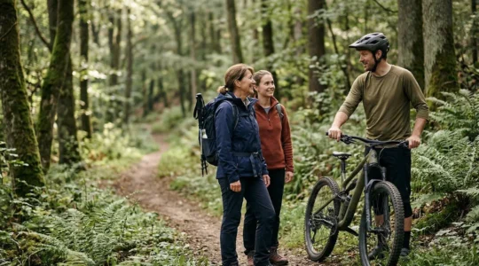 Mountainbiker und Wanderer teilen sich friedlich einen Waldweg in Deutschland