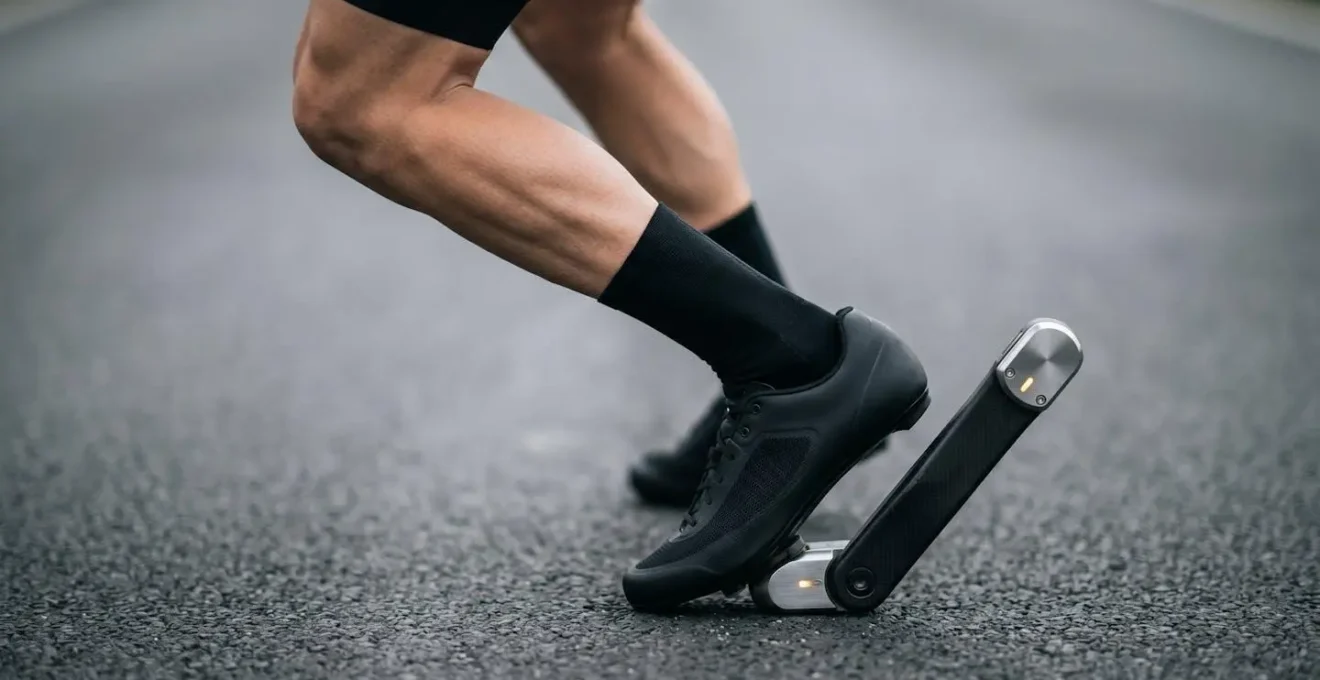 Detailaufnahme eines Powermeter-Pedals am Rennrad zur Aerodynamik-Validierung