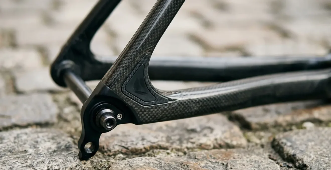 Nahaufnahme eines modernen Fahrradrahmens auf Kopfsteinpflaster mit Fokus auf technische Dämpfungselemente