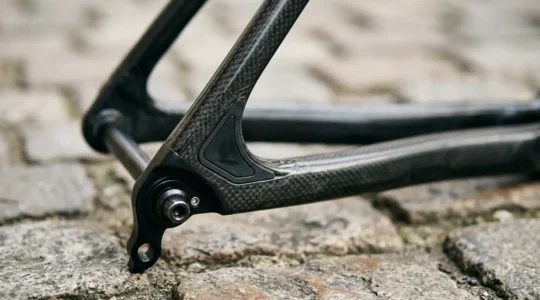 Nahaufnahme eines modernen Fahrradrahmens auf Kopfsteinpflaster mit Fokus auf technische Dämpfungselemente