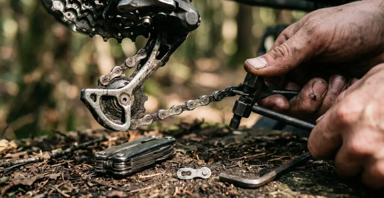 Detailaufnahme mechanischer Fahrradkomponenten und Werkzeuge für unterwegs