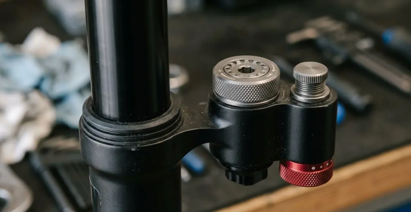 Detailaufnahme eines professionell eingestellten Mountainbike-Fahrwerks für alpines Gelände